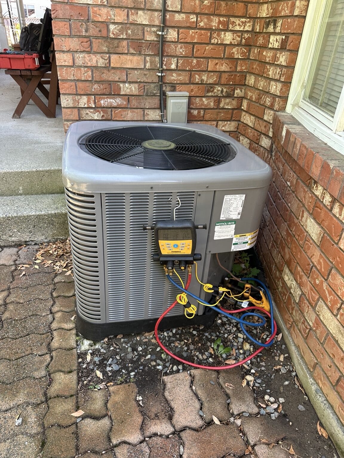 HVAC technician commissioning a residential central air-conditioning system.