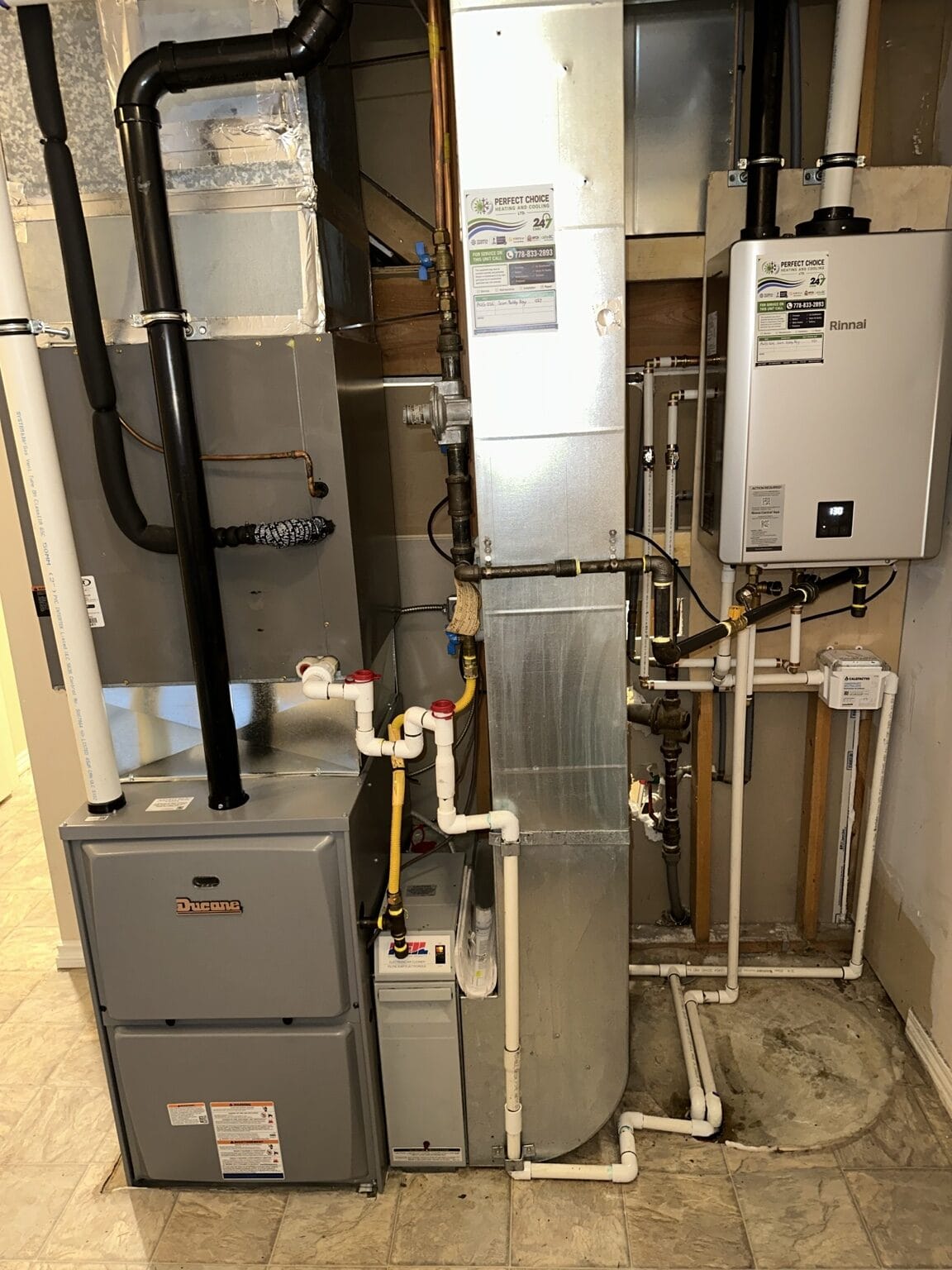 Ducane high-efficiency furnace and Rinnai tankless water heater installed by Perfect Choice HVAC