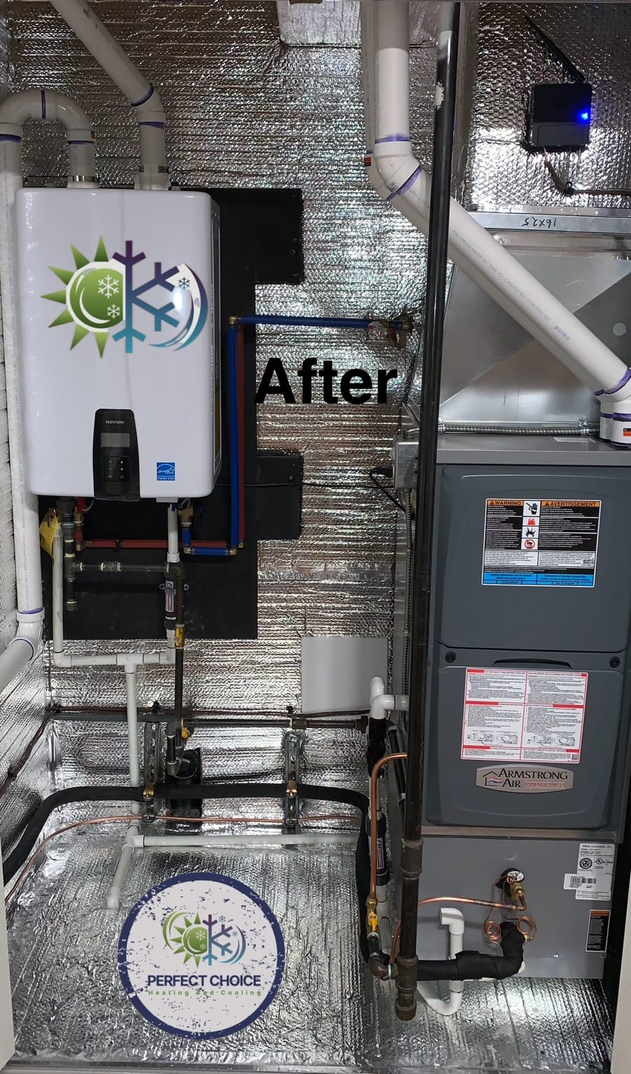 Navien tankless water heater and Armstrong furnace installation completed by Perfect Choice HVAC
