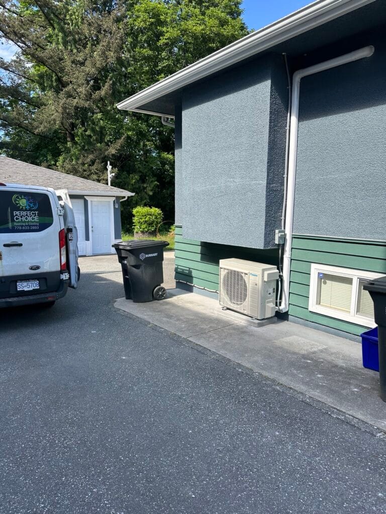 Ductless heat pump outdoor unit installation by Perfect Choice Heating & Cooling in Metro Vancouver, BC