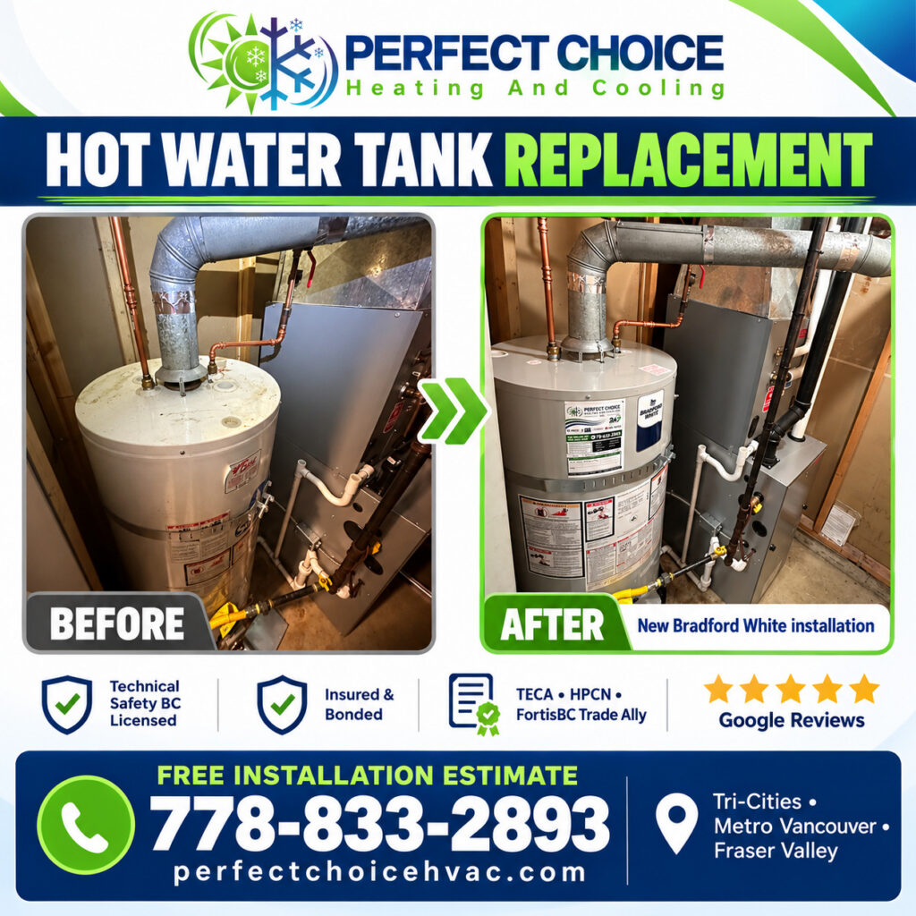 Before-and-after hot water tank replacement by Perfect Choice Heating and Cooling: an older water heater beside a new Bradford White hot water tank.
